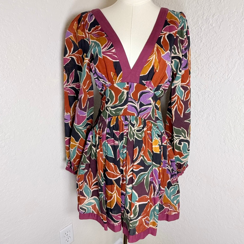 Floral Mini Dress Caroline Constas V-Neck Smocked‎ Back Boho Resort Plunge Neck